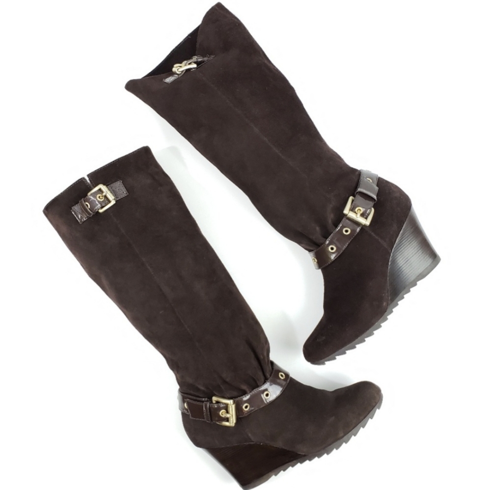 Michael Kors Chocolate Brown Suede Leather Wedge Tall Boots 6 - Picture 2 of 9